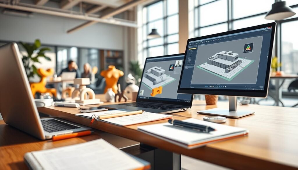 A vibrant, well-lit 3D scene showcasing the benefits of free CAD software. In the foreground, a designer's desk with a laptop, notebook, and drafting tools. On the screen, a 3D model of a product design being manipulated with intuitive CAD software controls. In the middle ground, various product designs and prototypes, demonstrating the versatility of the free CAD tools. The background features a modern, airy office space with large windows, allowing natural light to flood the scene. The overall mood is one of creativity, productivity, and the power of accessible design tools.