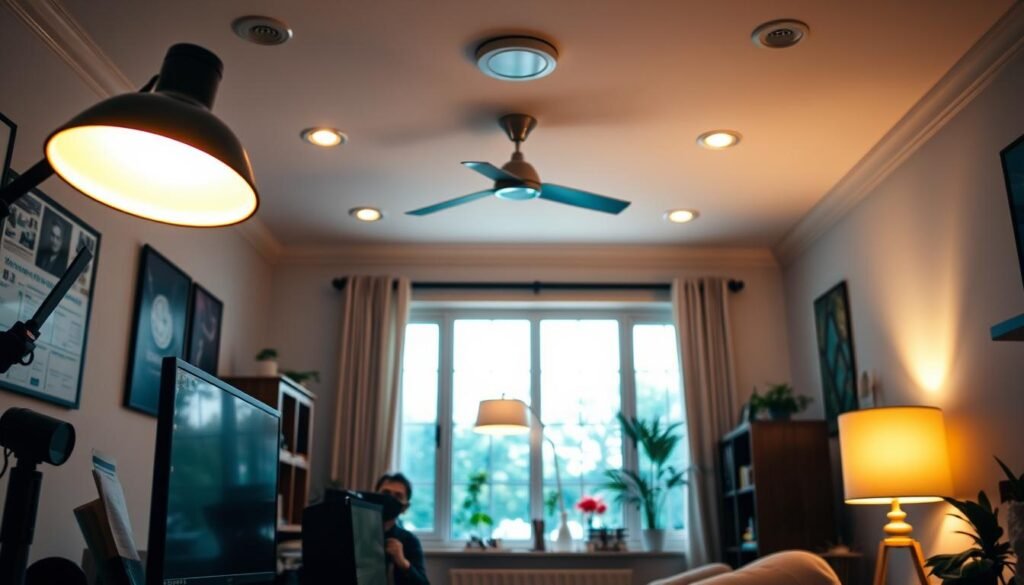 Detailed interior scene of a well-lit home office space, showcasing various lighting equipment used for internal heat gains analysis. In the foreground, a desk lamp, desk fan, and a computer monitor emit a warm, ambient glow. In the middle ground, a floor lamp and recessed ceiling lights illuminate the room, while a large window in the background allows natural daylight to filter in, casting soft shadows across the space. The room is filled with a sense of productivity and technical focus, hinting at the important work being done to analyze HVAC loads and energy efficiency.
