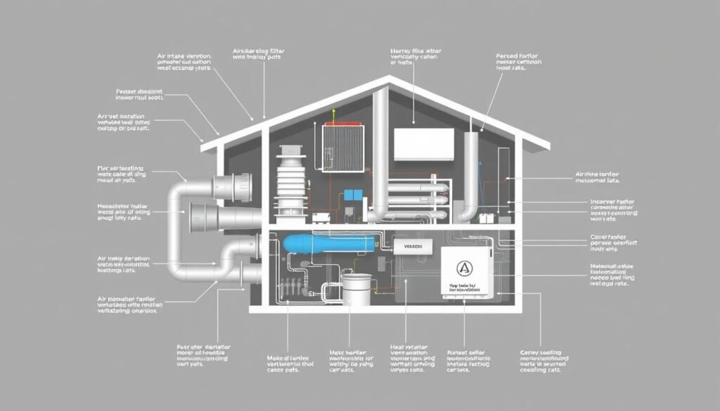 Detailed technical diagram of a ventilation system, showcasing the key components and principles of ASHRAE 62.1 standards. Cutaway view reveals the inner workings, including air intake, filtration, heat exchange, and exhaust mechanisms. Crisp, technical illustrations with accurate proportions and engineering-style schematics. Muted color palette of grays, blues, and whites evokes a professional, informative tone. Precise, labeled diagrams highlight airflow paths, ventilation rates, and indoor air quality metrics. The overall composition should convey a sense of functionality, efficiency, and adherence to industry best practices.