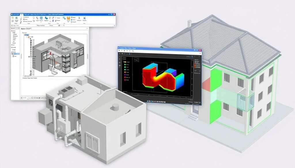 Detailed technical illustration depicting HVAC load calculation using Carrier HAP and Revit software, per ASHRAE/ISHRAE standards. Foreground shows a 3D model of a residential building with HVAC equipment and air ducts. Middle ground features a user interface of Carrier HAP software displaying heating and cooling load analysis. Background showcases a Revit model of the same building with color-coded HVAC zoning. Rendered in a technical, engineering-style with precise details, clean lines, and neutral tones to convey a professional, authoritative atmosphere.