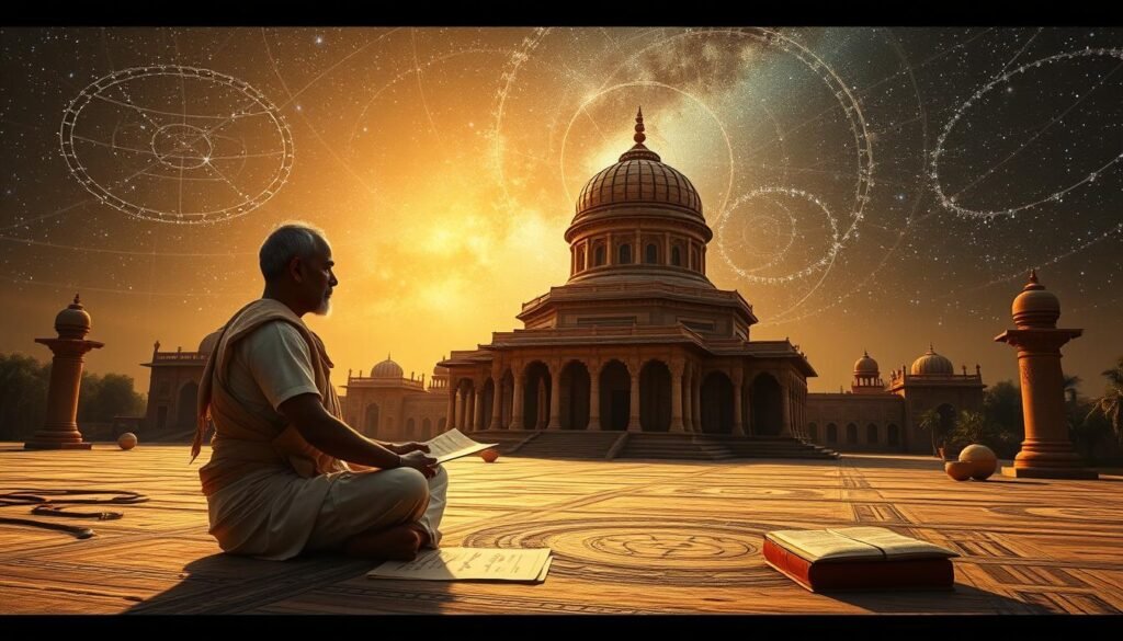 A breathtaking scene of ancient Indian astronomy, centered on the renowned mathematician and astronomer Aryabhata. In the foreground, Aryabhata is depicted sitting cross-legged, deep in contemplation, surrounded by parchments and celestial diagrams. The middle ground features a grand, domed observatory, its intricate architecture a testament to the sophistication of ancient Indian scientific endeavors. In the background, a starry night sky unfolds, hinting at the profound cosmic insights Aryabhata uncovered through his groundbreaking work. The scene is illuminated by a warm, golden glow, conveying a sense of timeless wisdom and discovery. Cinematically framed, the image captures the essence of Aryabhata's pivotal contributions to the rich tapestry of ancient Indian mathematics and astronomy.