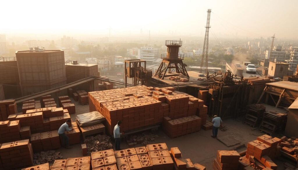A brick-making facility nestled amidst the bustling urban landscape of India, illuminated by warm, golden sunlight filtering through the haze. In the foreground, skilled workers meticulously shape and mold the clay, their movements captured in a series of dynamic, well-composed vignettes. The middle ground showcases the intricate machinery and infrastructure powering this testament to India's engineering prowess, while the background reveals a panoramic view of the city skyline, symbolizing the country's technological ambitions. The scene radiates a sense of industrial pride, technological innovation, and the indomitable spirit of human ingenuity.