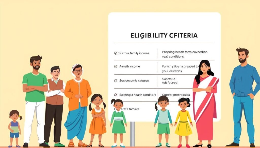 A bright, informative illustration showcasing the key eligibility criteria for Ayushman Bharat, India's ambitious national health insurance scheme. In the foreground, a group of diverse individuals - men, women, and children - stand confidently, representing the 12 crore families covered under the program. Behind them, a sleek, minimalist display panel outlines the scheme's core requirements, such as annual family income, socioeconomic status, and pre-existing health conditions. The background features a warm, inviting color palette, conveying the accessibility and inclusiveness of the initiative. The overall composition is clean, modern, and visually engaging, designed to address common concerns and misconceptions about Ayushman Bharat.
