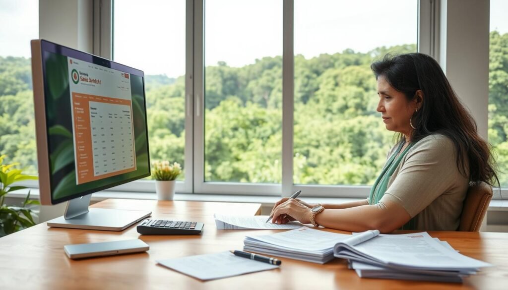 A brightly lit office setting, with a wooden desk and a computer monitor displaying a Sukanya Samriddhi account dashboard. In the foreground, a woman sits at the desk, carefully reviewing financial documents and making notes. The middle ground features various financial tools, including a calculator, a pen, and a stack of papers. The background showcases a large window overlooking a lush, verdant landscape, creating a sense of tranquility and security. The woman's expression conveys a focused, thoughtful demeanor as she manages her daughter's high-interest savings account, ensuring a bright and prosperous future.