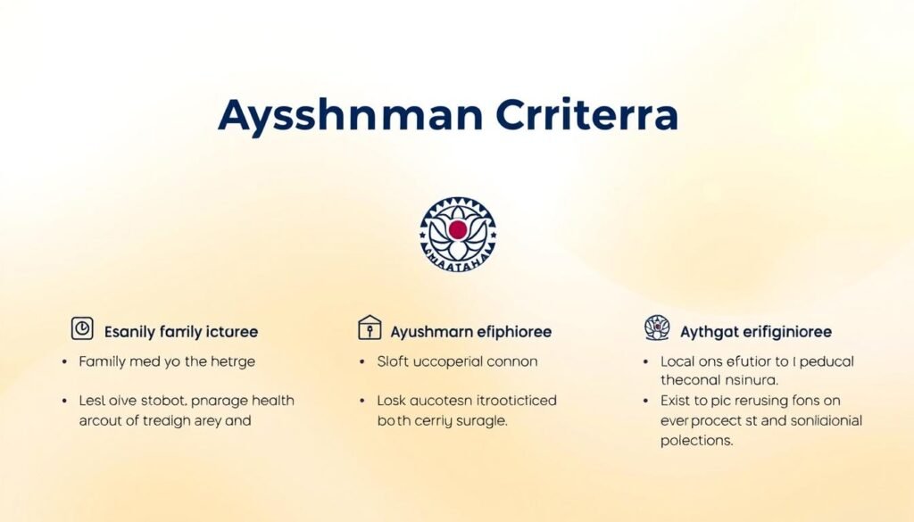 A brightly lit, professional infographic-style illustration showcasing the key eligibility criteria for the Ayushman Bharat health insurance scheme. In the foreground, a clean layout with minimal text and icons highlighting the core requirements - family income, socioeconomic status, and lack of existing health coverage. The middle ground features a stylized graphic of the Ayushman Bharat logo and national emblem, conveying the government-backed nature of the program. The background has a soft, desaturated gradient in earthy tones, creating a sense of trust and reliability. The overall aesthetic is modern, informative, and on-brand for a major public health initiative.