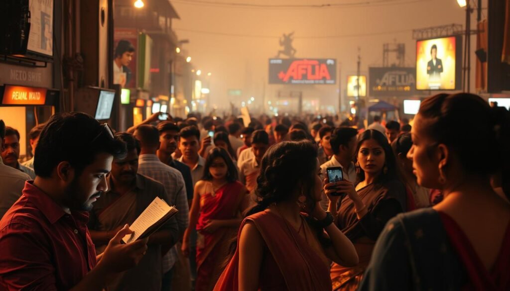 A bustling Bollywood backdrop, illuminated by warm lights and the glow of smartphone screens. In the foreground, a collage of candid moments - a director studying a script, a makeup artist applying intricate face paint, a dancer rehearsing a complex routine. The middle ground reveals the challenges of the industry - long hours, intense pressure, and relentless scrutiny. In the distance, the silhouettes of iconic film sets and towering billboards, a reminder of the glamour and success that lies beyond the unseen struggles. The atmosphere is one of determination, resilience, and the unwavering pursuit of artistic excellence. A bustling Bollywood backdrop, illuminated by warm lights and the glow of smartphone screens. In the foreground, a collage of candid moments - a director studying a script, a makeup artist applying intricate face paint, a dancer rehearsing a complex routine. The middle ground reveals the challenges of the industry - long hours, intense pressure, and relentless scrutiny. In the distance, the silhouettes of iconic film sets and towering billboards, a reminder of the glamour and success that lies beyond the unseen struggles. The atmosphere is one of determination, resilience, and the unwavering pursuit of artistic excellence.