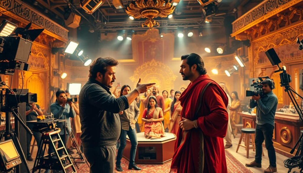 A bustling Bollywood film set, with a whirlwind of activity. In the foreground, a director passionately gesturing, guiding a talented actor through an intense scene. Intricate props and set pieces surround them, hinting at the meticulous attention to detail. In the middle ground, a crew of makeup artists, lighting technicians, and camera operators work in seamless harmony, their movements choreographed like a well-rehearsed dance. In the background, the vibrant colors and ornate designs of the studio's interiors create a captivating visual tapestry. Warm, golden lighting casts a dreamlike glow, evoking the magic and wonder of the filmmaking process. The overall atmosphere is one of creative energy, collaboration, and a relentless pursuit of cinematic perfection. A bustling Bollywood film set, with a whirlwind of activity. In the foreground, a director passionately gesturing, guiding a talented actor through an intense scene. Intricate props and set pieces surround them, hinting at the meticulous attention to detail. In the middle ground, a crew of makeup artists, lighting technicians, and camera operators work in seamless harmony, their movements choreographed like a well-rehearsed dance. In the background, the vibrant colors and ornate designs of the studio's interiors create a captivating visual tapestry. Warm, golden lighting casts a dreamlike glow, evoking the magic and wonder of the filmmaking process. The overall atmosphere is one of creative energy, collaboration, and a relentless pursuit of cinematic perfection.