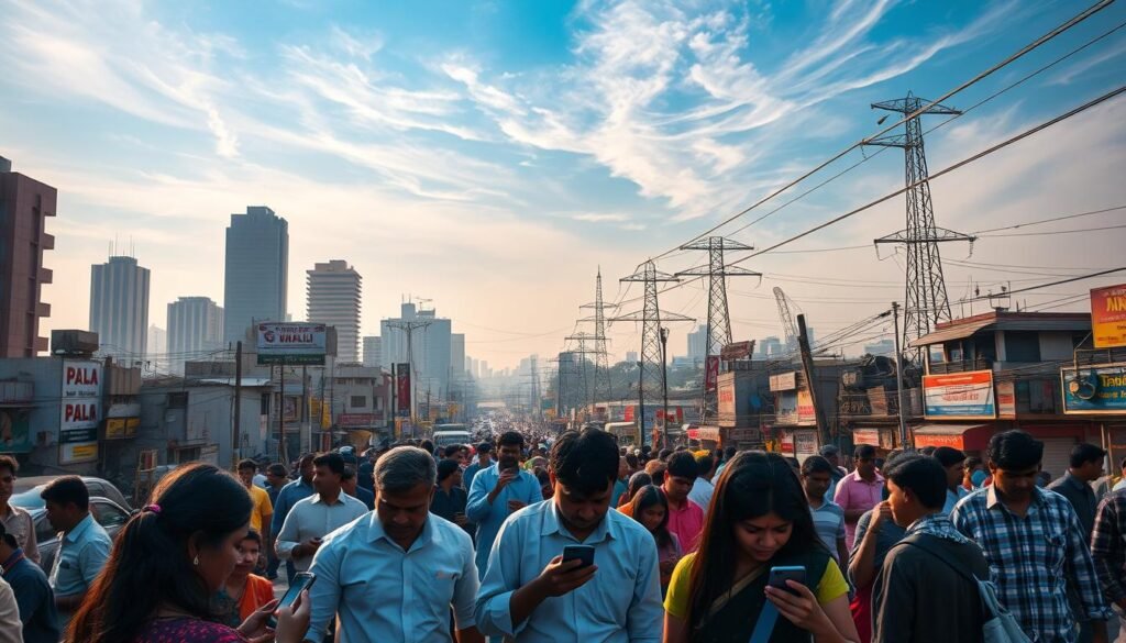 A bustling Indian cityscape, with towering skyscrapers and vibrant street life. In the foreground, a group of people engrossed in their smartphones, seamlessly connected to the digital world. The middle ground showcases an intricate web of communication towers and power lines, symbolizing the ubiquity of mobile connectivity. In the background, a hazy blue sky with wispy clouds, illuminated by warm, golden sunlight, creating a sense of optimism and progress. The scene conveys the seamless integration of technology into the daily lives of India's citizens, transforming the way they communicate, work, and interact with their surroundings.