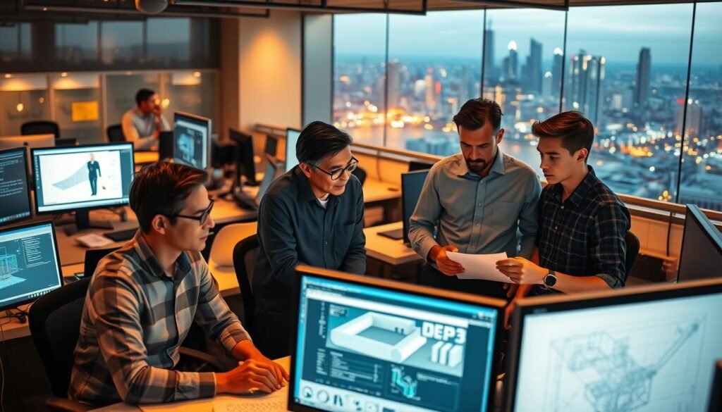 A bustling MEP engineering office, filled with advanced workstations and cutting-edge software. In the foreground, a team of engineers collaborating on 3D models and BIM plans, their faces lit by the glow of high-resolution displays. In the middle ground, a mentor guiding a young trainee, explaining the intricacies of HVAC system design. The background showcases a panoramic view of a dynamic urban skyline, hinting at the diverse career opportunities in this field. The scene is bathed in a warm, professional atmosphere, conveying the sense of innovation and problem-solving that defines the world of MEP engineering. A bustling MEP engineering office, filled with advanced workstations and cutting-edge software. In the foreground, a team of engineers collaborating on 3D models and BIM plans, their faces lit by the glow of high-resolution displays. In the middle ground, a mentor guiding a young trainee, explaining the intricacies of HVAC system design. The background showcases a panoramic view of a dynamic urban skyline, hinting at the diverse career opportunities in this field. The scene is bathed in a warm, professional atmosphere, conveying the sense of innovation and problem-solving that defines the world of MEP engineering.