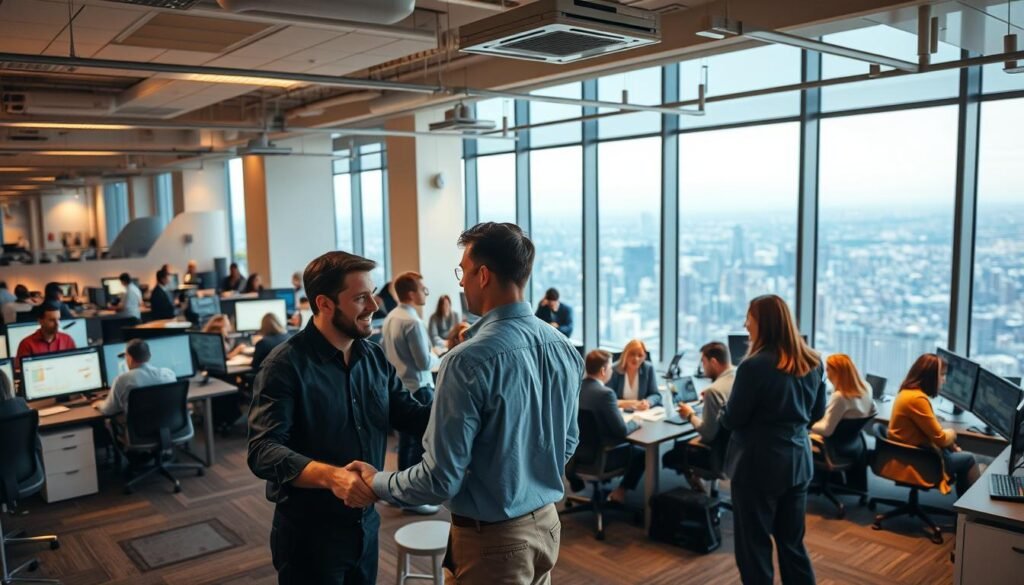 A bustling MEP engineering office in a modern high-rise, filled with engineers collaborating at workstations and discussing plans on large monitors. Warm, overhead lighting illuminates the space, creating a productive atmosphere. In the foreground, two engineers shake hands, networking and exchanging ideas. The middle ground features a group of colleagues gathered around a table, engaged in a lively discussion. The background showcases a panoramic view of a vibrant city skyline through floor-to-ceiling windows, suggesting the broader industry context. The scene conveys the dynamic, collaborative nature of MEP engineering careers and the valuable networking opportunities they provide. A bustling MEP engineering office in a modern high-rise, filled with engineers collaborating at workstations and discussing plans on large monitors. Warm, overhead lighting illuminates the space, creating a productive atmosphere. In the foreground, two engineers shake hands, networking and exchanging ideas. The middle ground features a group of colleagues gathered around a table, engaged in a lively discussion. The background showcases a panoramic view of a vibrant city skyline through floor-to-ceiling windows, suggesting the broader industry context. The scene conveys the dynamic, collaborative nature of MEP engineering careers and the valuable networking opportunities they provide.