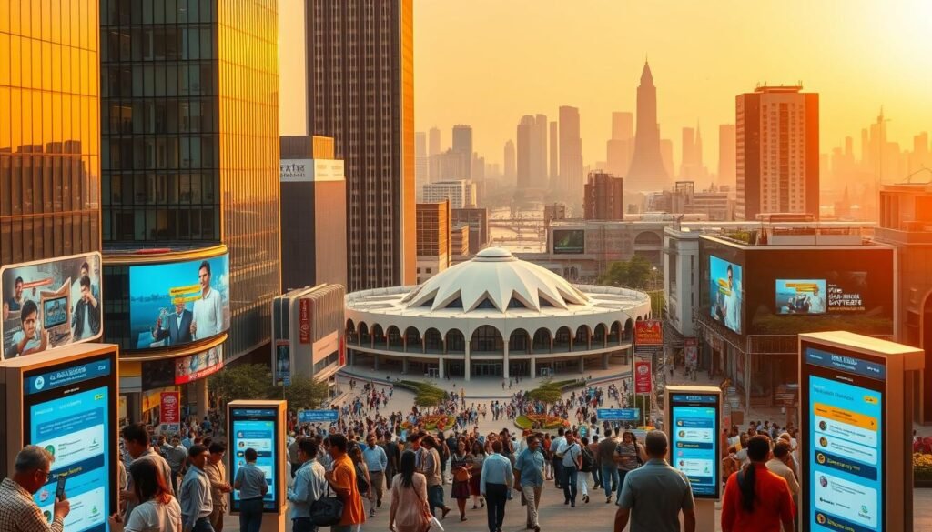 A bustling city landscape with towering government buildings, streets teeming with people, and the ubiquitous presence of digital displays and screens. In the foreground, citizens engage with interactive kiosks, accessing e-governance services with ease. The middle ground features a modern, well-designed civic center, its glass facades reflecting the vibrant, tech-savvy energy of the city. In the background, a panoramic view of the cityscape, with skyscrapers and infrastructure showcasing India's digital transformation. The scene is bathed in warm, golden lighting, conveying a sense of progress, efficiency, and civic pride. The overall atmosphere is one of a technologically advanced, citizen-centric India, where e-governance initiatives have revolutionized the way the government interacts with its people.