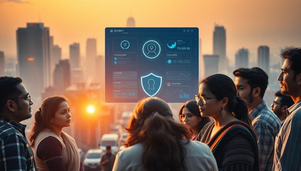 A bustling city skyline in India, illuminated by the warm glow of the sun, serves as the backdrop for a powerful message on cybersecurity awareness. In the foreground, a group of diverse individuals, each representing different demographics, are engaged in thoughtful discussions, their expressions conveying a sense of vigilance and concern. The middle ground features a sleek, high-tech interface, displaying security alerts and data visualizations, emphasizing the critical role of technology in safeguarding against online threats. The scene is captured through a cinematic lens, with dramatic lighting and a subtle depth of field, creating a sense of urgency and importance surrounding the topic of cybersecurity in India.