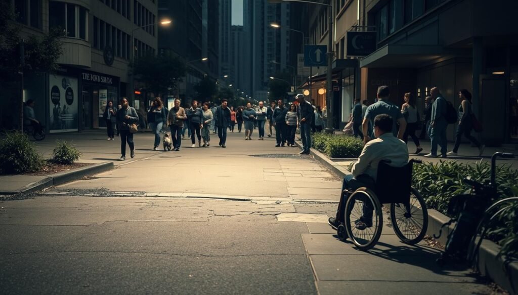 A bustling city street, dimly lit and riddled with uneven sidewalks, broken curbs, and overgrown vegetation. In the foreground, a person in a wheelchair struggles to navigate the obstacles, highlighting the gaps in accessibility. The middle ground depicts a mixture of able-bodied pedestrians and individuals with various mobility challenges, each facing unique barriers to their movement. The background is a blur of towering buildings, casting long shadows that accentuate the sense of inaccessibility. The overall atmosphere conveys a feeling of frustration, isolation, and the urgent need for improved infrastructure and inclusive design.