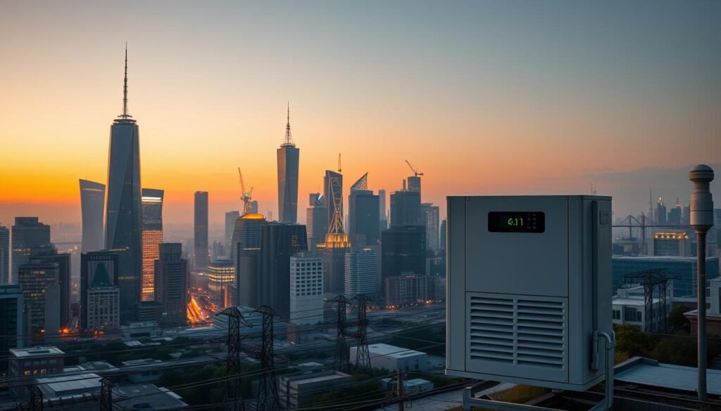 A bustling cityscape at twilight, with towering skyscrapers and glowing windows casting a warm glow across the urban landscape. In the foreground, a sleek, modern HVAC unit stands prominently, its digital display and efficient design symbolizing the integration of AI and sustainability in mechanical engineering. The middle ground features a network of power lines and transformers, representing the energy infrastructure that powers the city. In the background, a hazy sky with a faint hint of solar panels on rooftops, suggesting the transition towards renewable energy sources. The scene conveys a sense of progress and innovation, where the symbiosis of AI and mechanical engineering contributes to a more sustainable future.