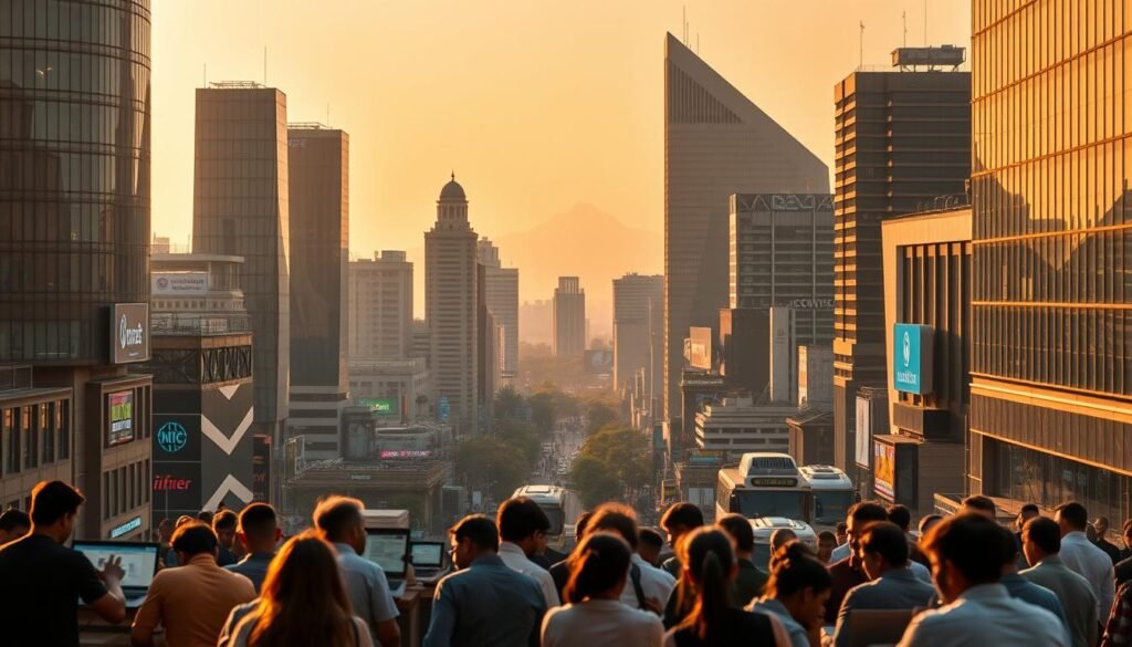 A bustling cityscape of modern high-rise buildings, co-working spaces, and tech incubators, bathed in warm golden light. In the foreground, young entrepreneurs huddle over laptops, gesticulating animatedly as they discuss their latest innovations. The middle ground features sleek, angular architecture punctuated by neon signage and digital displays. In the background, a hazy silhouette of the Himalayas rises, symbolizing India's rich heritage and the boundless potential of its thriving technology ecosystem. A sense of energy, innovation, and opportunity permeates the scene, capturing the essence of India's thriving startup landscape.
