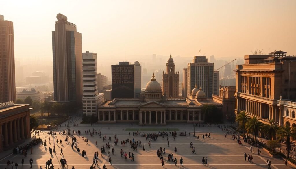 A bustling cityscape with towering modern skyscrapers housing banks and financial institutions in India. In the foreground, a wide plaza with people hurrying to and fro, reflecting the dynamic pulse of the financial district. The middle ground features a mix of contemporary and colonial-era architecture, showcasing the country's rich heritage. Warm afternoon sunlight casts long shadows, creating a sense of depth and atmosphere. The background is dominated by a hazy skyline, hinting at the expansive scale of the bustling metropolis. The overall scene conveys the vital role of financial services in driving India's economic growth and development.
