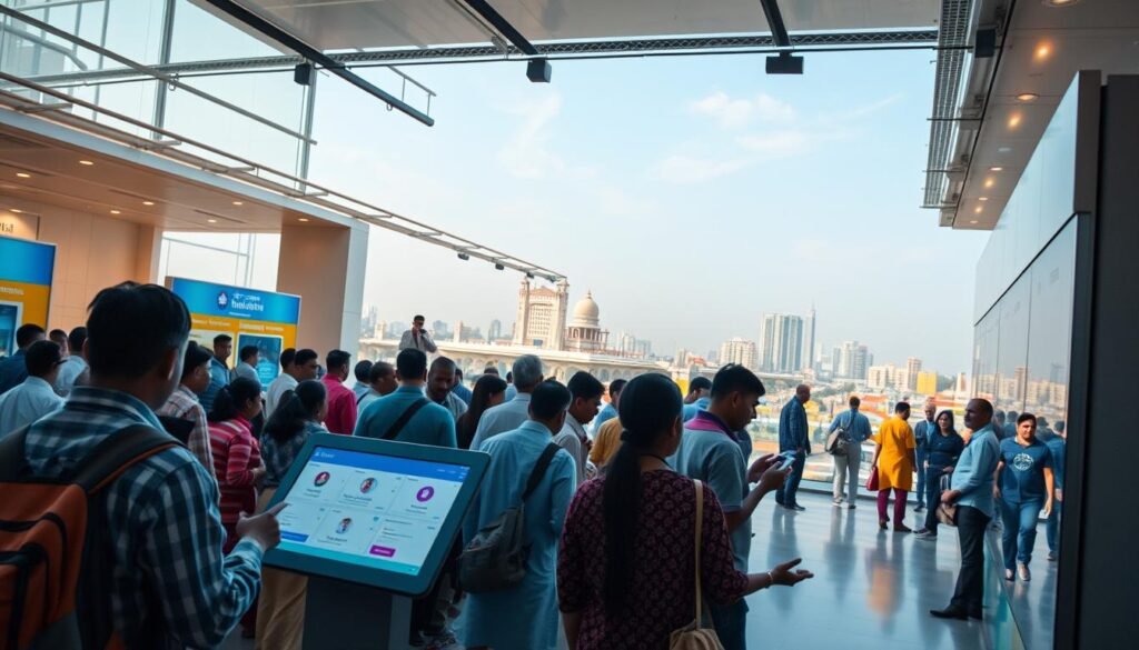 A bustling digital landscape showcasing India's citizen services, captured through a wide-angle lens. In the foreground, a diverse array of citizens interacting with user-friendly digital kiosks and tablets, accessing a range of government services seamlessly. The middle ground features a sleek, minimalist interface displaying various e-governance applications, while the background is dominated by a vibrant cityscape, symbolizing the integration of technology into the fabric of daily life. Warm, natural lighting filters through the scene, creating a sense of accessibility and inclusivity. The overall atmosphere conveys the transformative power of technology in empowering Indian citizens, enabling them to engage with their government in a more efficient and modern way.