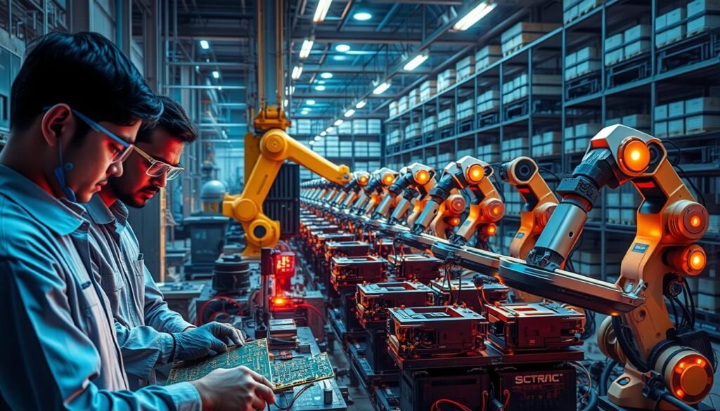 A bustling factory floor in India, illuminated by the warm glow of high-tech machinery. In the foreground, a team of engineers scrutinize a complex circuit board, their faces lit by the glow of holographic displays. In the middle ground, robotic arms effortlessly assemble sleek, futuristic devices, their movements choreographed by an AI-powered control system. In the background, towering shelves hold an array of cutting-edge products, ready to be shipped worldwide. The atmosphere is one of innovation, efficiency, and the seamless integration of human and machine intelligence, capturing the essence of India's emerging role as a global AI powerhouse.
