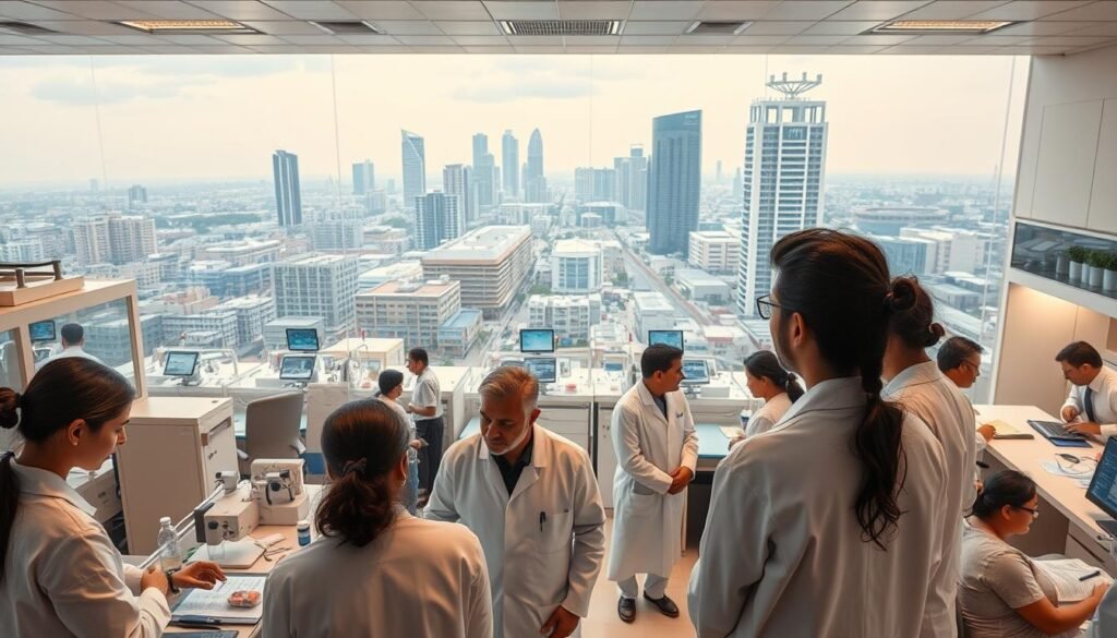 A bustling medical research center, with cutting-edge laboratories and state-of-the-art equipment. In the foreground, a diverse team of scientists and doctors collaborate, examining data and discussing the latest advancements in biotechnology and healthcare innovation. The middle ground showcases a busy medical clinic, where patients of all ages receive personalized care and treatment. In the background, a panoramic view of the vibrant Indian healthcare market, with towering hospital buildings, modern diagnostic centers, and bustling pharmaceutical hubs. Warm, natural lighting illuminates the scene, conveying a sense of progress, collaboration, and a commitment to improving the health and wellbeing of the Indian population.