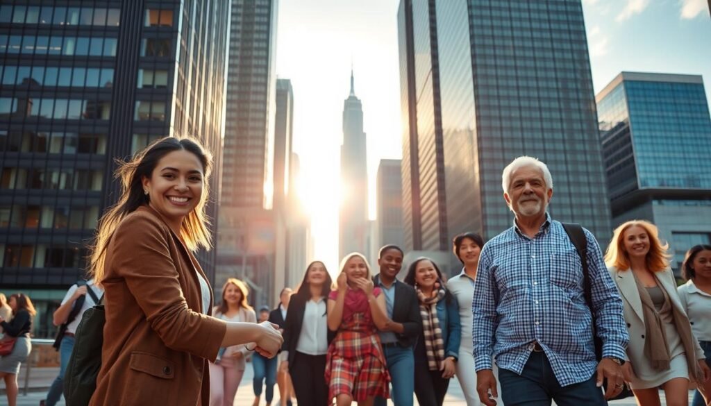 A bustling urban landscape, where towering skyscrapers cast long shadows across the streets below. In the foreground, a diverse group of individuals, each with a unique story of personal triumph. A young entrepreneur beams with pride as she shakes hands with a potential investor, her eyes alight with the promise of a brighter future. Nearby, a hardworking family celebrates as they receive the keys to their first home, their faces illuminated by the warm glow of success. In the middle ground, a seasoned professional strides confidently, their steady stride a testament to the challenges they've overcome. The background is a tapestry of opportunity, where the sun's rays filter through the windows of gleaming office buildings, casting a hopeful, aspirational light over the entire scene.