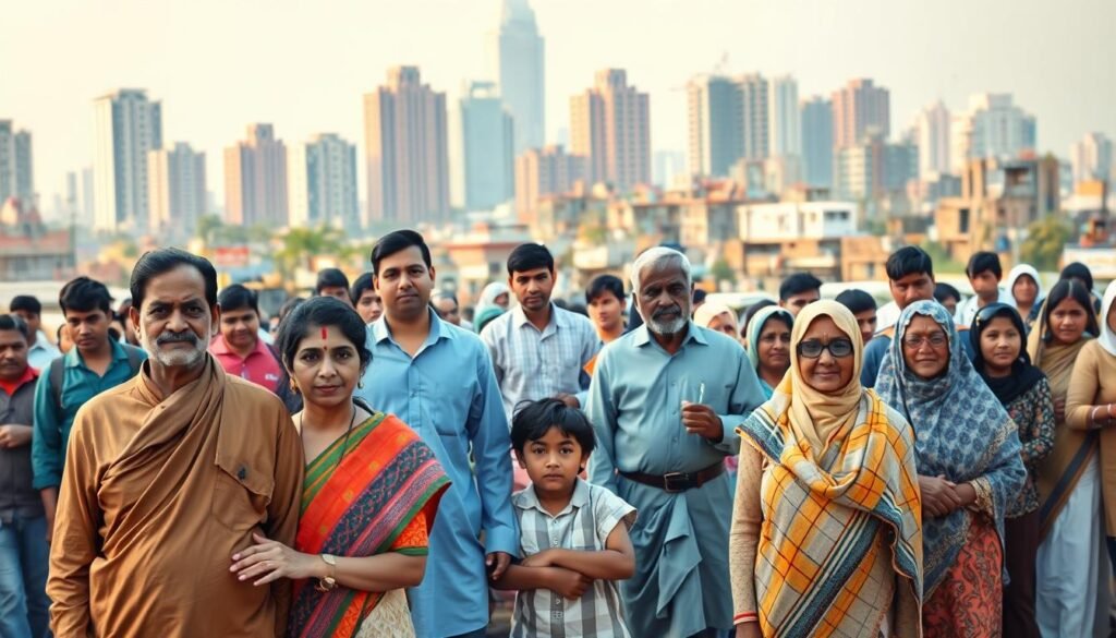 A bustling urban scene, with a diverse group of people representing the target demographic for the PM Awas Yojana (PMAY) affordable housing scheme. In the foreground, a family of four - a hardworking father, a homemaker mother, and two children - stand with hopeful expressions, their modest attire and demeanor conveying their need for affordable housing. In the middle ground, a mix of young professionals, elderly individuals, and members of marginalized communities congregate, each with a distinct story and aspiration for a decent home. The background showcases the skyline of a burgeoning city, with a mix of modern high-rises and modest residential structures, hinting at the housing challenges faced by the urban poor. The lighting is warm and inviting, creating a sense of optimism and opportunity. The overall composition aims to capture the diverse spectrum of individuals eligible for the PMAY scheme, conveying the program's reach and potential impact on underserved communities.