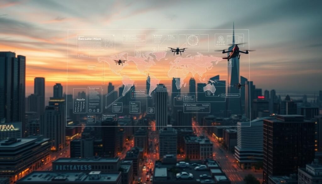 A city skyline at dusk, with towering skyscrapers and bustling streets. In the foreground, a holographic display showcases a complex evacuation plan, with color-coded routes and real-time data streams. Amidst the urban landscape, AI-driven drones and autonomous vehicles coordinate the evacuation, guiding people to safety with precision and efficiency. The scene is bathed in a warm, amber glow, creating an atmosphere of urgency and technological sophistication. The overall impression is one of a future where AI-powered systems work tirelessly to protect lives in the face of emergencies.
