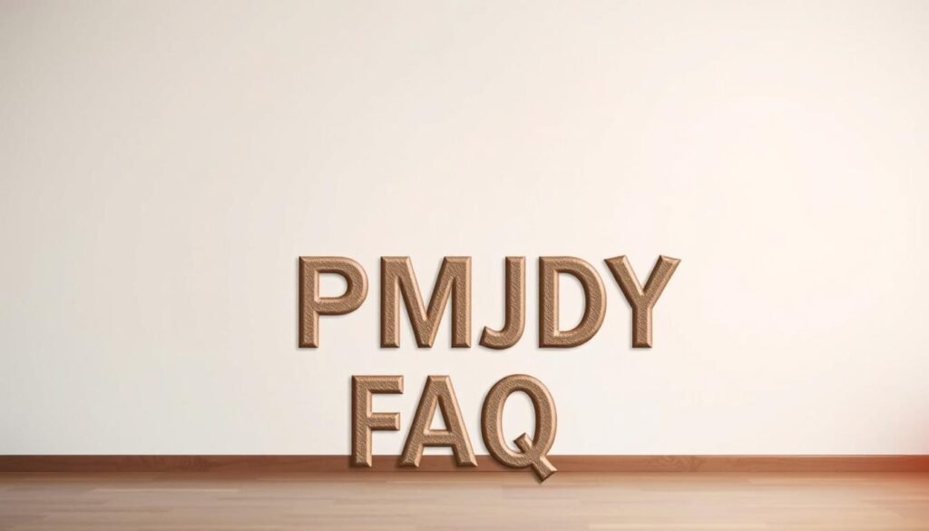 A clean, minimalist background with a soft, diffused lighting that creates a warm, inviting atmosphere. In the foreground, a bold, eye-catching title "PMJDY FAQ" rendered in a contemporary, sans-serif font. The letters have a slightly three-dimensional quality, subtly textured to suggest depth and solidity. The overall composition is balanced and centered, drawing the viewer's attention to the key information. The image conveys a sense of professionalism, clarity, and accessibility, perfectly suited to illustrate a section on frequently asked questions about a important banking initiative.