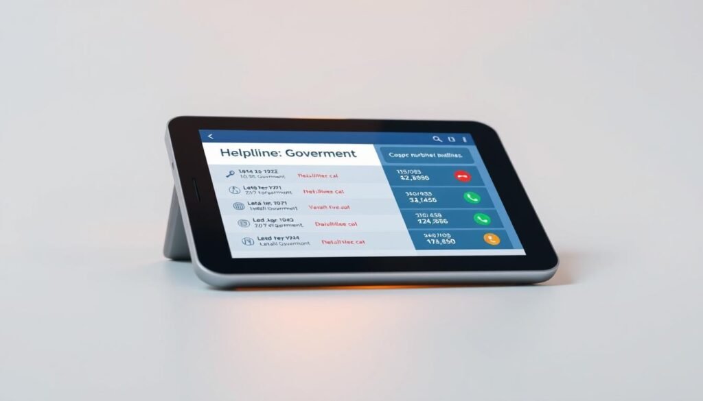 A clean, minimalist visual representation of federal government helpline numbers displayed on a sleek, modern device. The interface is intuitive and easy to navigate, with clear categorization and color-coding to distinguish between different service lines. A soft, warm lighting illuminates the screen, creating a sense of approachability and accessibility. The device is positioned at a slightly elevated angle, creating a sense of importance and authority. The background is a neutral, professional tone, allowing the helpline information to be the focal point.