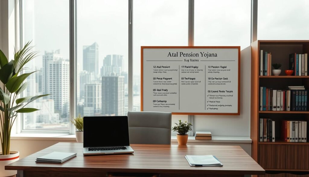 A clean, well-lit office interior with a large window overlooking a bustling city skyline. In the foreground, a wooden desk with a laptop, some papers, and a potted plant. Behind the desk, a bookshelf filled with neatly arranged volumes. On the wall, a framed illustration depicting the key features of the Atal Pension Yojana, with clean typography and a balanced layout. The lighting is soft and natural, creating a calm and professional atmosphere. The overall scene conveys a sense of financial security and retirement planning.
