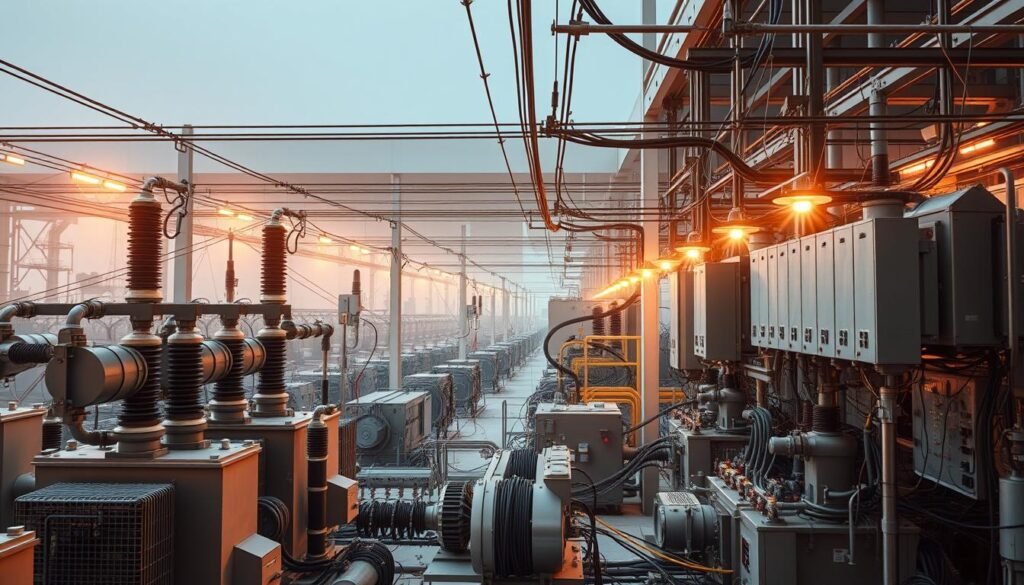 A complex network of electrical power systems, intricately wired and connected, illuminated by a warm, diffused light. In the foreground, transformers, generators, and switchgear stand as the core components, their metal casings and intricate circuitry visible. The middle ground showcases a labyrinth of cables, conduits, and control panels, hinting at the vast scale and interconnectivity of the system. In the background, a sleek, modern architecture frames the scene, suggesting a state-of-the-art electrical substation or power plant. The overall atmosphere conveys a sense of technological sophistication, efficiency, and the critical importance of reliable energy infrastructure.