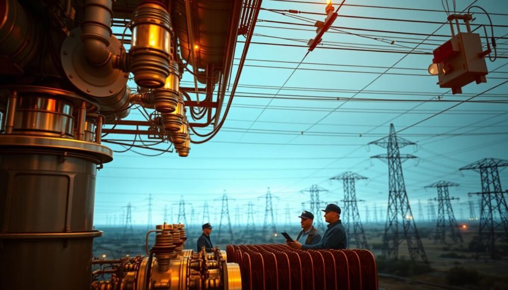A complex network of interconnected electrical components, with sensors and monitors tracking their performance in real-time. The foreground depicts a transformer substation, its metallic casing gleaming under the warm glow of specialized lighting. In the middle ground, a team of technicians examine data displays, their expressions focused as they analyze predictive maintenance algorithms. The background reveals a sprawling smart grid, with power lines snaking through the landscape, symbolizing the interconnected nature of modern electrical systems. The overall atmosphere conveys a sense of technological sophistication, efficiency, and the crucial role of AI in ensuring the reliable and proactive maintenance of electrical infrastructure.