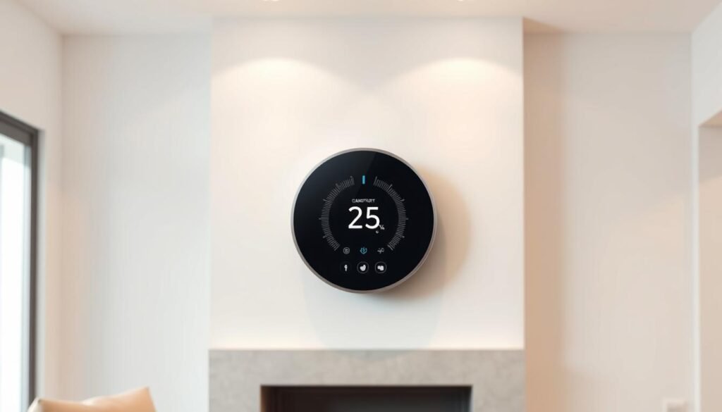 A contemporary, high-tech smart thermostat display in a well-lit, minimalist interior. The thermostat features a sleek, touch-sensitive glass panel with intuitive controls and a clear, digital temperature readout. Soft, diffused lighting illuminates the device, casting subtle shadows that accentuate its modern, streamlined design. The thermostat is seamlessly integrated into the surroundings, blending harmoniously with the clean, neutral-toned walls and furnishings. An air of sophistication and technological prowess permeates the scene, reflecting the evolution of HVAC systems through the integration of artificial intelligence.