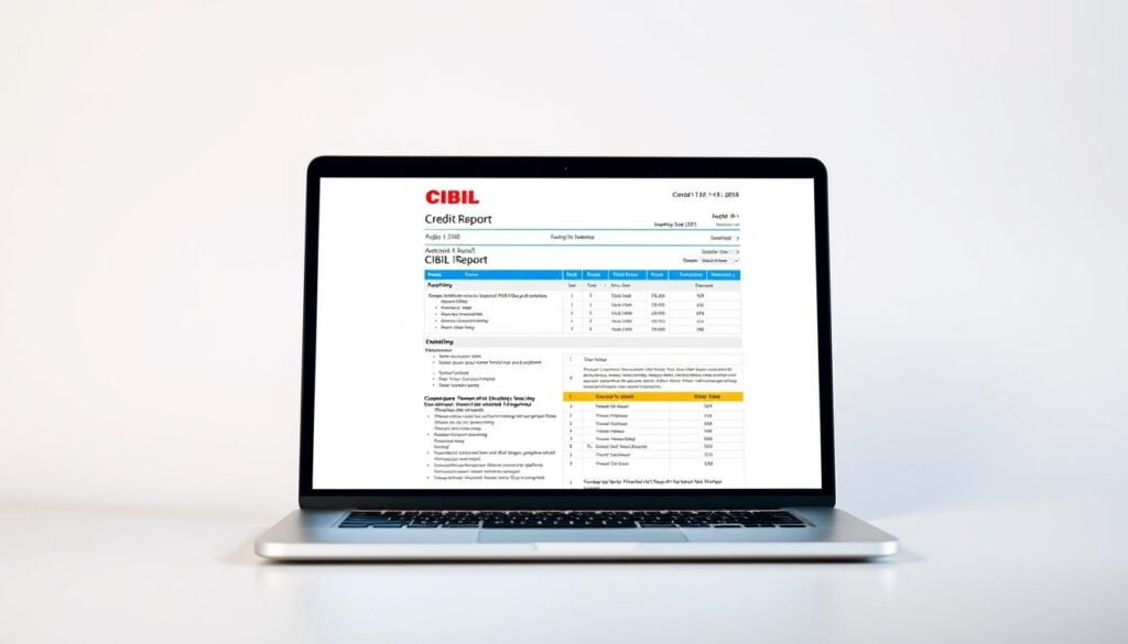 A crisp and detailed CIBIL credit report displayed on a sleek, modern laptop against a clean, minimalist background. The report is showcased in a professional, informative manner, with a balanced use of colors and typography to convey the importance and significance of this financial document. The lighting is soft and directional, highlighting the key elements of the report without distracting from the overall composition. The angle is slightly elevated, creating a sense of authority and emphasizing the report's significance. The mood is one of clarity, reliability, and the essential role CIBIL plays in the financial landscape.