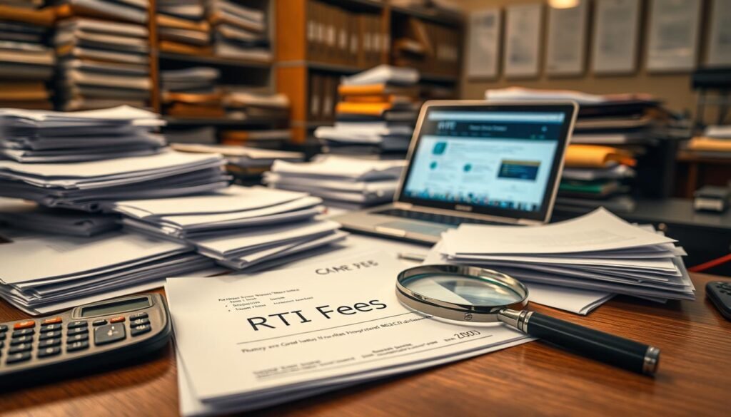 A crowded office desk with stacks of paperwork, folders, and a magnifying glass examining documents. In the foreground, a calculator and a pen lie next to a receipt or invoice labeled "RTI Fees". The lighting is warm and diffused, creating a sense of administrative paperwork and bureaucracy. The middle ground features a laptop displaying a government website, while the background shows shelves of files and cabinets, hinting at the layers of bureaucracy involved in processing RTI requests. The overall atmosphere conveys the complexity and financial considerations associated with navigating the RTI system.