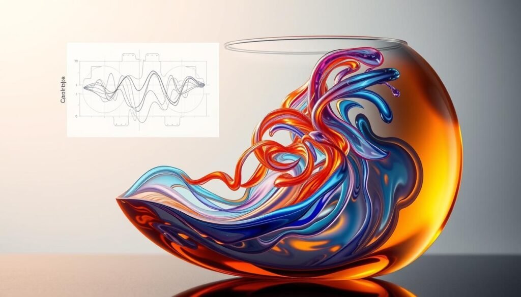 A cutaway view of a complex fluid dynamics simulation, showcasing the intricate interplay of streamlines, vortices, and pressure gradients. The foreground features a transparent glass-like vessel, its interior illuminated by a warm, amber-tinted light, revealing the mesmerizing dance of colored fluids. The middle ground presents a precise, technical diagram overlaying the scene, offering insights into the fundamental principles of fluid mechanics. In the background, a subtle, ethereal backdrop suggests the broader context of scientific discovery and technological innovation.