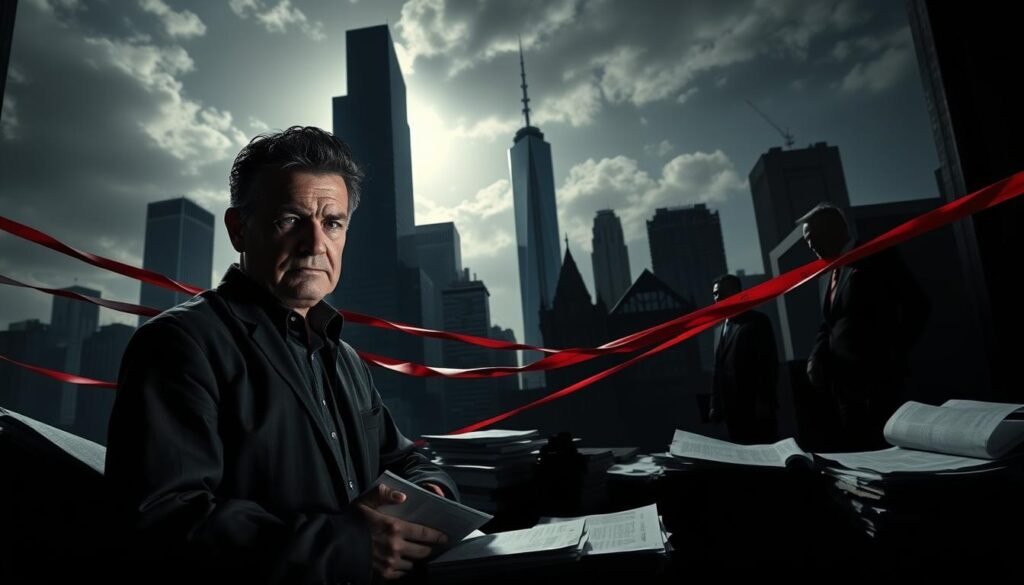 A dark, moody cityscape with a small business owner navigating the challenges of securing a loan. In the foreground, a businessperson looks stressed, surrounded by piles of paperwork and a frowning loan officer. In the middle ground, a web of red tape and bureaucratic obstacles obscure the path to financing. In the background, towering skyscrapers cast long shadows, symbolizing the daunting scale of the challenges faced by PMMY borrowers. Dramatic chiaroscuro lighting creates a sense of tension and uncertainty. Captured with a wide-angle lens to convey the overwhelming nature of the obstacles. A dark, moody cityscape with a small business owner navigating the challenges of securing a loan. In the foreground, a businessperson looks stressed, surrounded by piles of paperwork and a frowning loan officer. In the middle ground, a web of red tape and bureaucratic obstacles obscure the path to financing. In the background, towering skyscrapers cast long shadows, symbolizing the daunting scale of the challenges faced by PMMY borrowers. Dramatic chiaroscuro lighting creates a sense of tension and uncertainty. Captured with a wide-angle lens to convey the overwhelming nature of the obstacles.