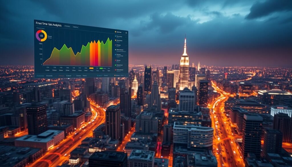 A data visualization dashboard hovers above a cityscape, projecting real-time fire risk analytics. In the foreground, a graph charts predictive models, colorful data visualizations reflecting temperature, humidity, and wind patterns. In the middle ground, a 3D map renders building structures, fire hydrants, and evacuation routes. In the background, the city skyline glows under a moody, cinematic lighting, hinting at the urgency of the fire management challenge. The overall scene conveys a sense of technological sophistication applied to the complex task of anticipating and mitigating urban fire emergencies.