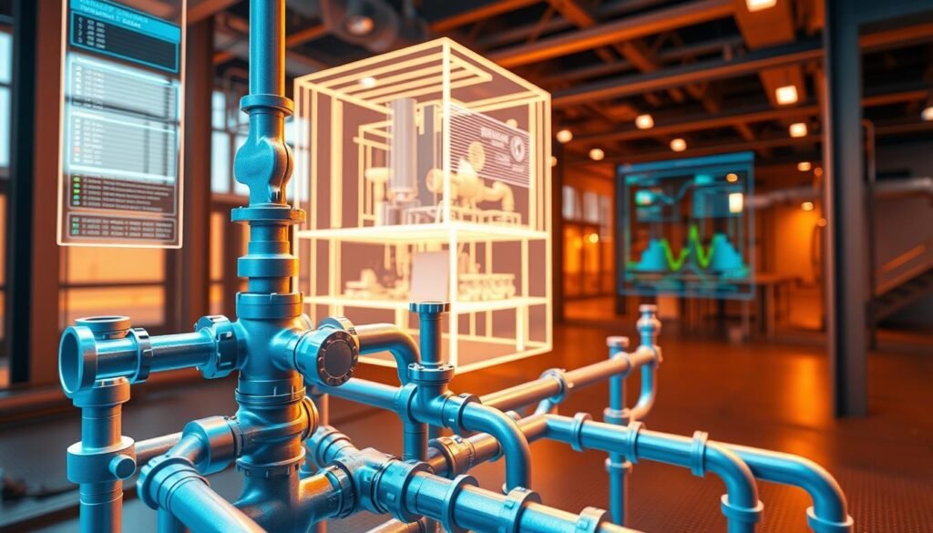 A detailed architectural rendering of a modern plumbing system design, showcased through the lens of Building Information Modeling (BIM). In the foreground, a 3D model of a complex piping network, featuring intricate junctions, valves, and fittings. The middle ground depicts a cross-sectional view of the building, revealing the precise placement of the plumbing components within the structural framework. In the background, a holographic interface displays real-time data and analytics, highlighting the integration of BIM with fluid mechanics simulations. The scene is bathed in a warm, techno-industrial lighting, conveying a sense of precision, efficiency, and innovation in the field of plumbing system design.