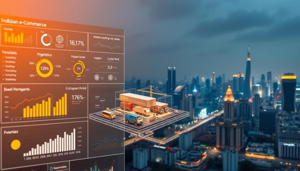 A detailed, data-driven analysis of the thriving Indian e-commerce landscape, showcasing the sector's exponential growth and vast untapped potential. In the foreground, a virtual dashboard displays key market metrics and forecasts, illuminated by a warm, modern lighting. In the middle ground, an isometric illustration depicts the intricate logistics network powering online retail, from warehouses to delivery vehicles. The background depicts the bustling urban skyline of a major Indian city, reflecting the scale and dynamism of this transformative industry. The overall mood conveys a sense of optimism, innovation, and the transformative impact of e-commerce on India's economic landscape.
