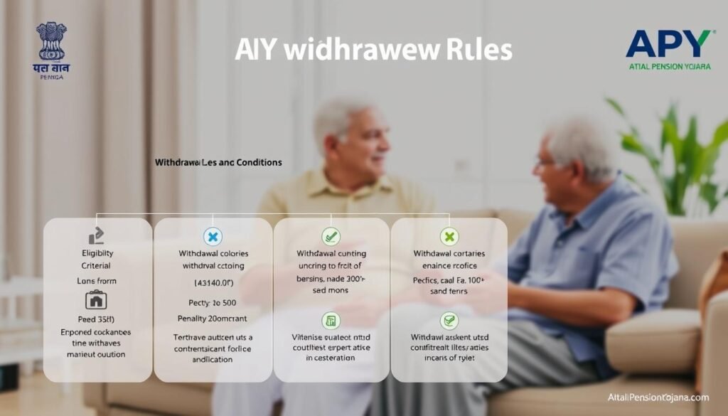 A detailed financial infographic showcasing the withdrawal rules and conditions of the Atal Pension Yojana (APY) scheme. The foreground depicts a clear diagram outlining the eligibility criteria, withdrawal options, and penalty structures, with icons and numerical data presented in a clean, visually-appealing layout. The middle ground features a serene backdrop of a pensioner's retirement home, with a senior couple discussing the scheme's benefits. The background subtly incorporates the APY logo and branding elements, creating a cohesive and professional visual experience. The lighting is soft and natural, with a warm color palette reflecting the secure and trustworthy nature of the government-backed pension plan. The overall composition strikes a balance between informative clarity and visual aesthetics to effectively communicate the key withdrawal rules of the APY scheme.