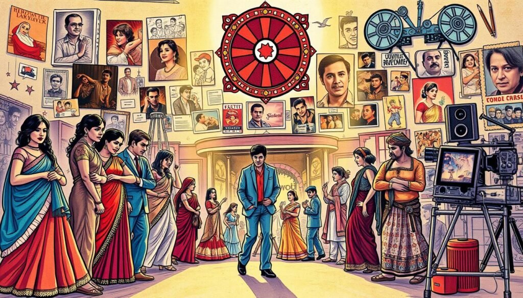 A detailed, hand-drawn illustration depicting the evolution of Bollywood cinema over the decades. In the foreground, prominent Bollywood stars from various eras, dressed in iconic costumes, strike dramatic poses. In the middle ground, scenes from classic Bollywood films unfold, showcasing the progression of cinematography, sets, and musical numbers. In the background, a collage of Bollywood memorabilia, including movie posters, film reels, and vintage film equipment, creates a layered, visually engaging composition. The lighting is warm and nostalgic, evoking the timeless appeal of Bollywood's rich cinematic heritage. The overall mood is one of celebration, capturing the vibrant and ever-changing nature of the Indian film industry. A detailed, hand-drawn illustration depicting the evolution of Bollywood cinema over the decades. In the foreground, prominent Bollywood stars from various eras, dressed in iconic costumes, strike dramatic poses. In the middle ground, scenes from classic Bollywood films unfold, showcasing the progression of cinematography, sets, and musical numbers. In the background, a collage of Bollywood memorabilia, including movie posters, film reels, and vintage film equipment, creates a layered, visually engaging composition. The lighting is warm and nostalgic, evoking the timeless appeal of Bollywood's rich cinematic heritage. The overall mood is one of celebration, capturing the vibrant and ever-changing nature of the Indian film industry.
