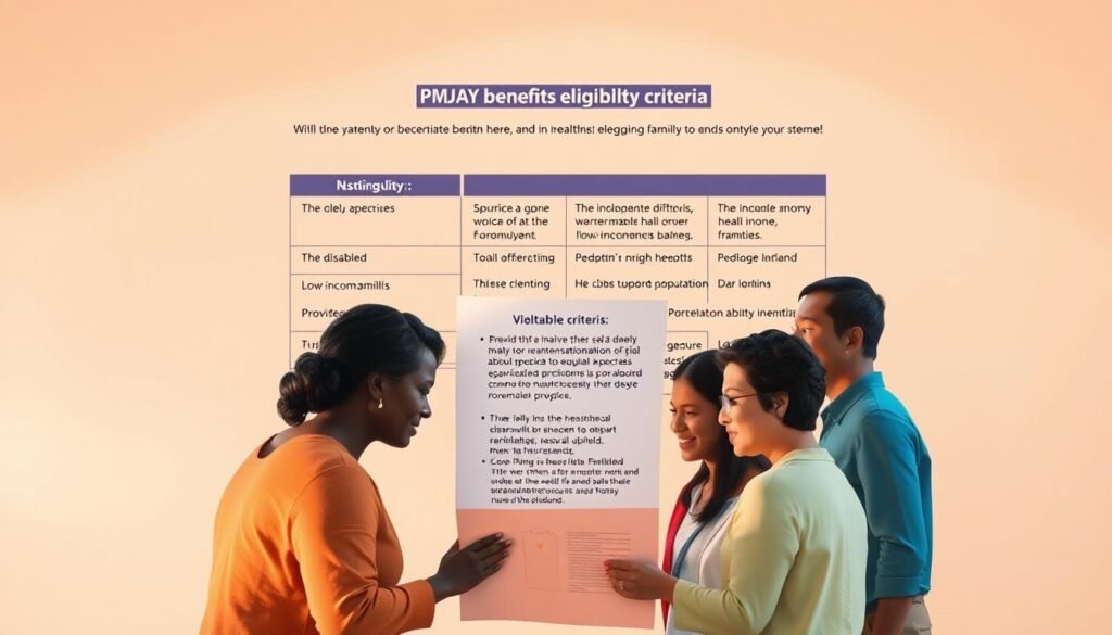 A detailed illustration of the PMJAY benefits eligibility criteria against a soft, muted background. In the foreground, a group of diverse individuals representing the vulnerable populations - the elderly, the disabled, and low-income families - gather around a central document outlining the program's key details. Warm, indirect lighting casts a gentle glow, conveying a sense of care and accessibility. The composition emphasizes inclusivity, with the subjects' expressions reflecting understanding and relief. The overall scene aims to communicate the program's focus on providing equitable healthcare access to those most in need.