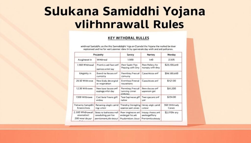 A detailed illustration of the Sukanya Samriddhi Yojana withdrawal rules, showcasing a well-organized and informative financial document. Set in a warm, natural lighting with a clean, minimalist background, the image should feature a neatly arranged table outlining the key withdrawal guidelines, such as eligibility, withdrawal amounts, and age requirements. The document should appear authoritative yet accessible, with a sense of security and trust conveyed through the design. Subtle, complementary color palettes and a balanced composition should draw the viewer's attention to the essential details, creating a visually compelling representation of the savings scheme.