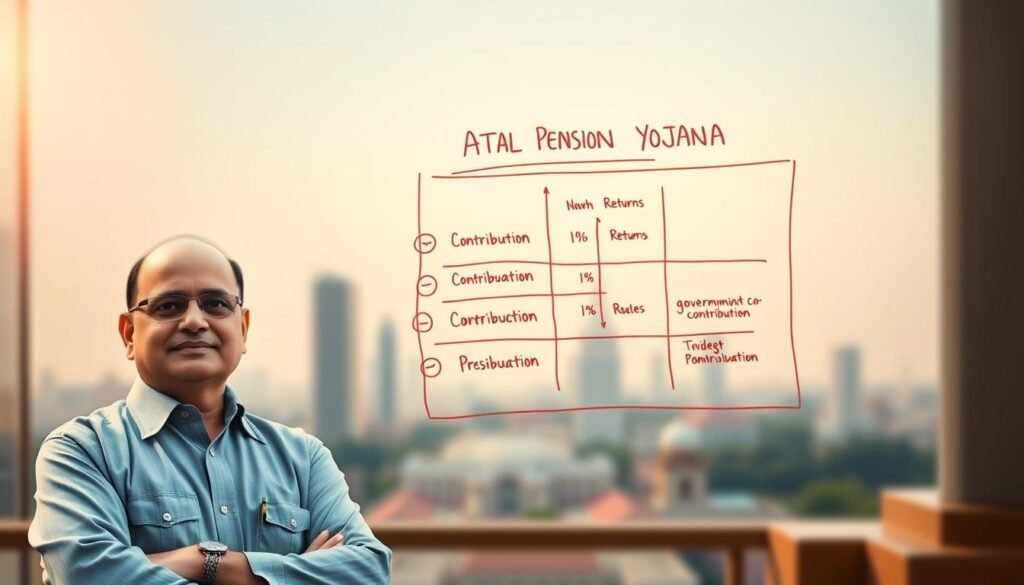 A detailed illustration of the government's role in the Atal Pension Yojana, captured in a modern, informative style. In the foreground, a government official stands confidently, representing the scheme's administration and oversight. Behind them, a vibrant visual metaphor for the scheme's benefits - a hand-drawn chart displaying the various components, such as contribution, returns, and government co-contribution. In the background, a softly blurred cityscape symbolizes the scheme's nationwide reach and the government's commitment to financial inclusion. The lighting is warm and inviting, conveying a sense of trust and reliability in the government's role. The overall composition and color palette create a professional, yet approachable atmosphere.
