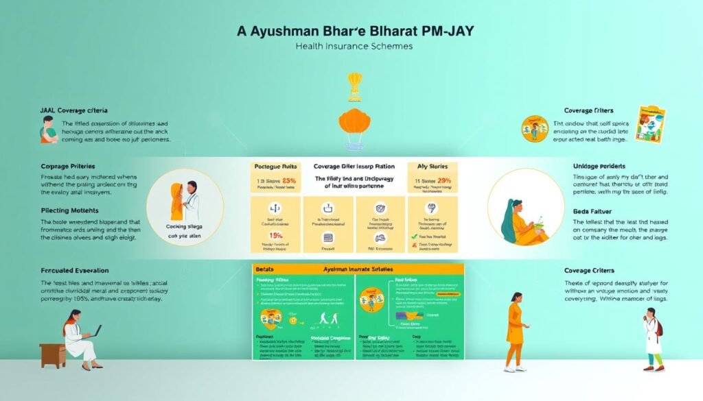 A detailed illustration of the key features of Ayushman Bharat PM-JAY health insurance scheme. A vibrant and informative visual, showcasing the coverage criteria and eligibility under this flagship government program. Rendered in a clean, modern style with a professional, authoritative tone. The composition features a central infographic with clear iconography and data visualizations, framed by supporting illustrations that highlight the scheme's objectives and benefits. Crisp lighting, a neutral color palette, and a balanced layout create a cohesive, easy-to-understand image suitable for an informative article.