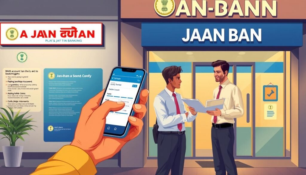 A detailed illustration showcasing the steps to open a Jan-Dhan account. In the foreground, a person is holding a smartphone, interacting with a banking app and filling out a digital application form. In the middle ground, a bank representative is assisting the person, providing guidance and necessary documents. The background depicts the exterior of a modern bank branch, with signage and architectural elements conveying a sense of professionalism and trust. The lighting is warm and inviting, creating a welcoming atmosphere. The composition is balanced, with a focus on the key steps involved in the account opening process. The overall mood is one of ease and accessibility, highlighting the inclusive nature of the Jan-Dhan banking initiative.