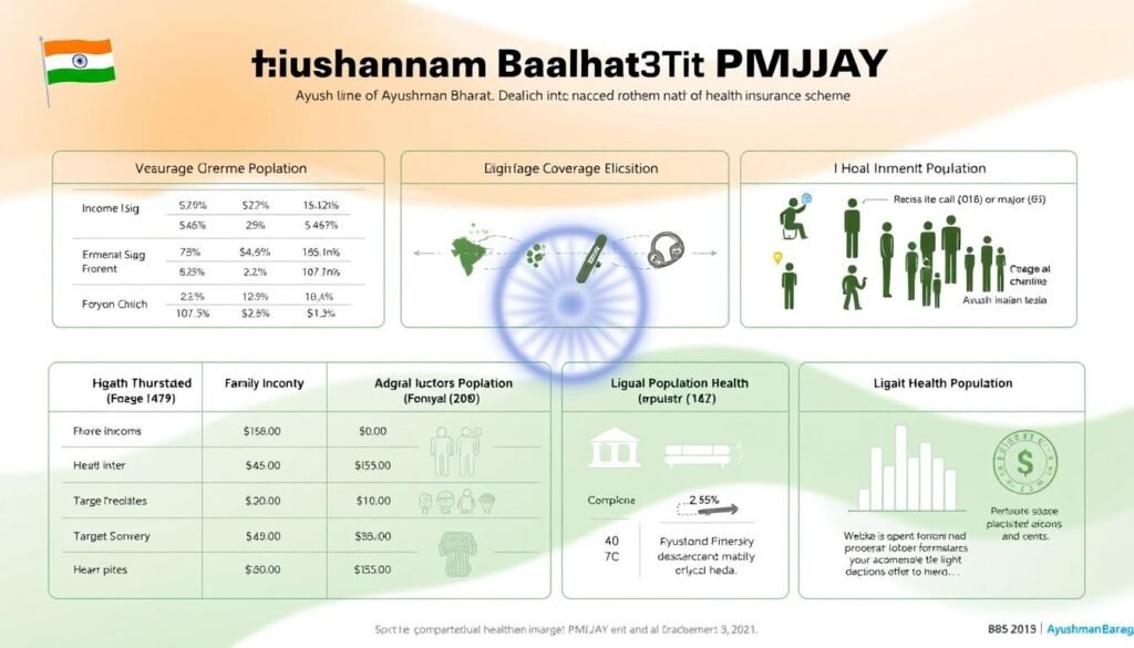A detailed infographic showcasing the coverage criteria of the Ayushman Bharat PMJAY national health insurance scheme. The foreground features a clean, minimalist layout with distinct sections outlining the key eligibility parameters, including income thresholds, family size, and target population. The middle ground presents data visualizations and iconography to highlight the scale and scope of the program, conveying its expansive reach. The background depicts a subtle, soothing color palette with hints of the Indian national flag, creating a patriotic, government-backed aesthetic. The overall tone is informative, authoritative, and data-driven, suitable for inclusion in a comparative health insurance analysis.