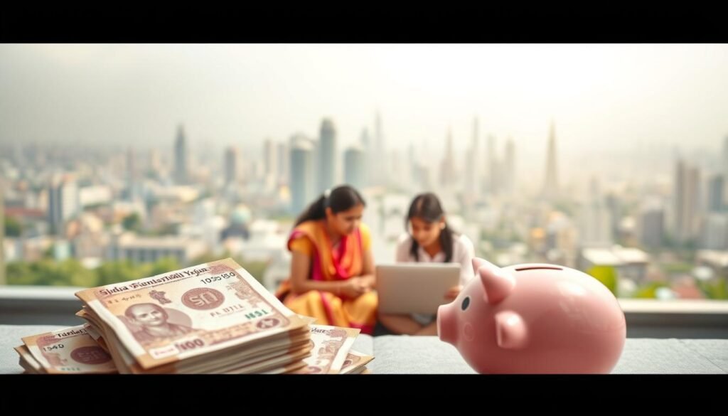 A detailed overhead view of the Sukanya Samriddhi Yojana, a high-interest savings scheme for the girl child in India. The image should feature a clean, minimal design with a light, airy atmosphere. In the foreground, a stack of Indian Rupee currency notes and a piggy bank symbolize the financial aspects of the scheme. The middle ground showcases a family gathering around a laptop, discussing the scheme's benefits. In the background, a cityscape with modern skyscrapers represents the scheme's nationwide reach and potential for securing a girl's future. The lighting should be soft and diffused, conveying a sense of security and optimism. The camera angle should be slightly elevated to provide an encompassing perspective on the entire scene.