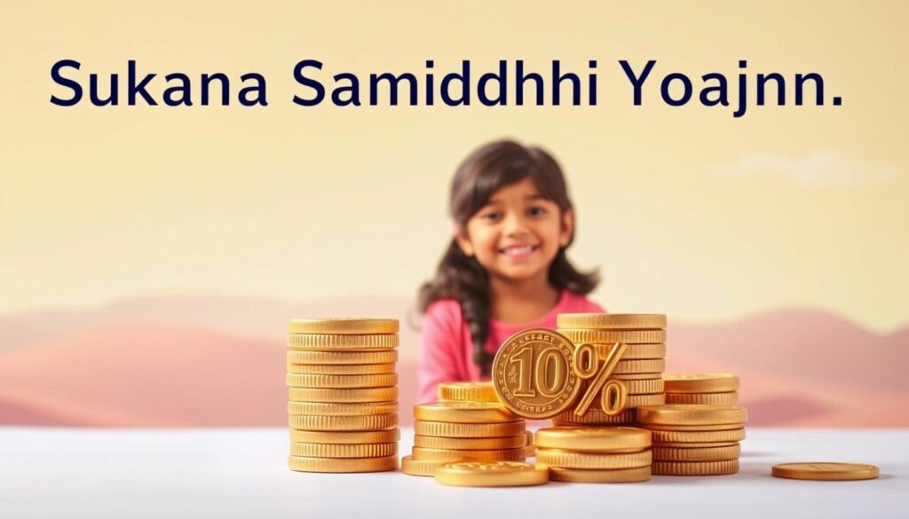 A detailed, richly textured illustration of the Sukanya Samriddhi Yojana interest rate, captured in a warm, educational style. The foreground showcases a stack of gold coins with a prominent percentage figure, symbolizing the high interest rate. In the middle ground, a young girl smiles radiantly, representing the beneficiary of the savings scheme. The background features a serene, pastel-hued landscape with rolling hills and a clear sky, conveying a sense of security and prosperity. The lighting is soft and diffused, creating a welcoming, informative atmosphere. The composition is balanced and visually appealing, inviting the viewer to learn more about this key financial instrument for securing a daughter's future.