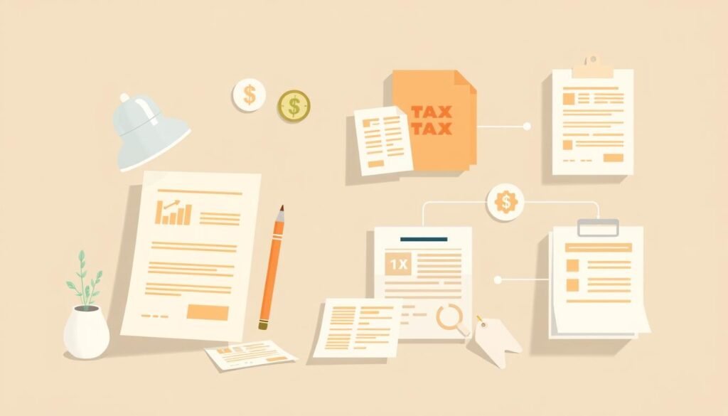 A detailed tax filing requirements illustration showcasing key forms, documents, and processes. A warm, inviting atmosphere with clean, organized compositions. Soft, directional lighting illuminates important paperwork and financial icons against a muted, professional backdrop. Minimalist, vector-style graphics convey the necessary steps in a clear, informative manner. Gentle shadows and textures add depth and realism. Carefully arranged to guide the viewer's eye through the essential components of income tax return filing.
